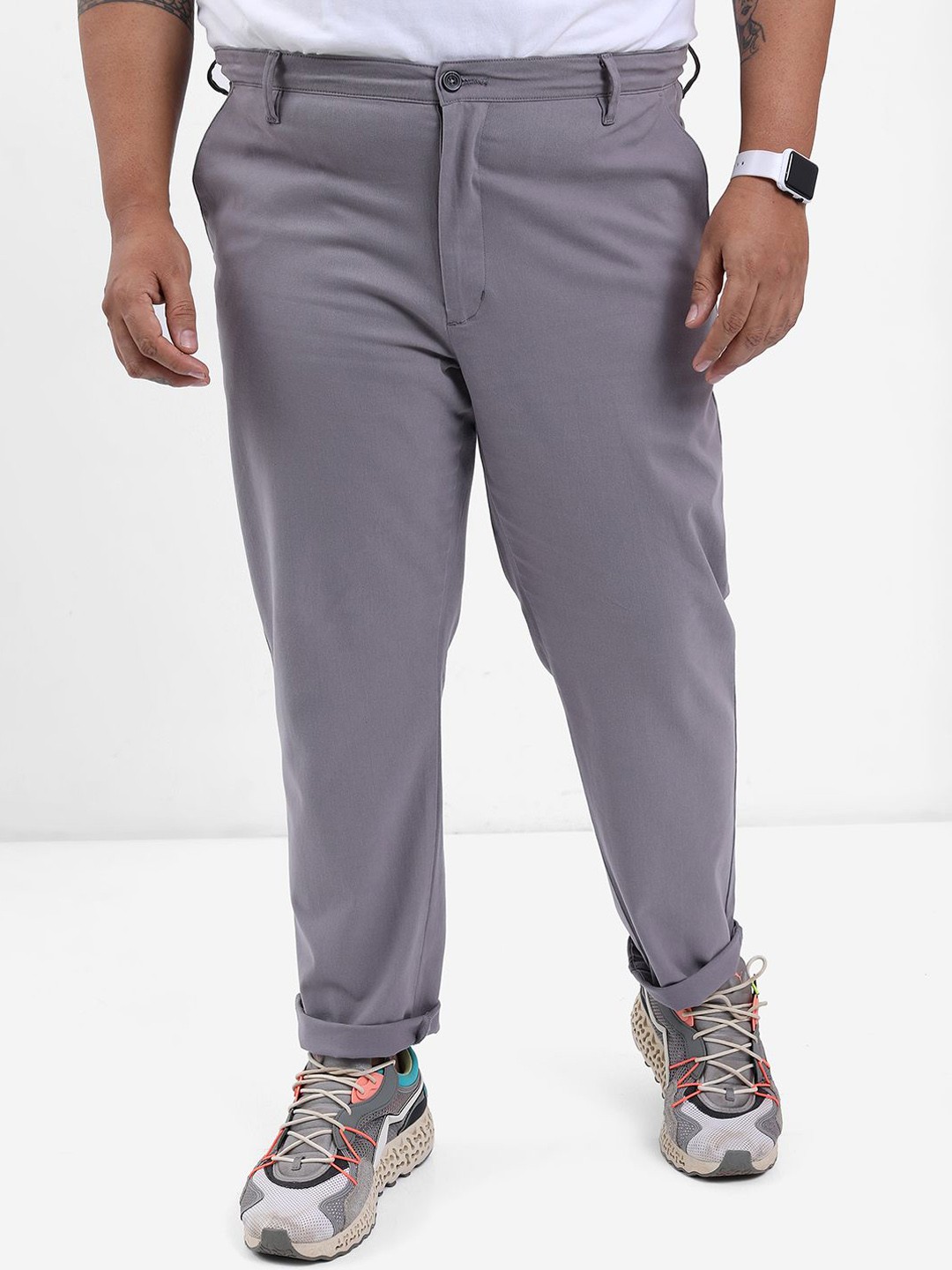 

HIGHLANDER Plus Size Men Slim Fit Mid-Rise Chinos Trousers, Grey