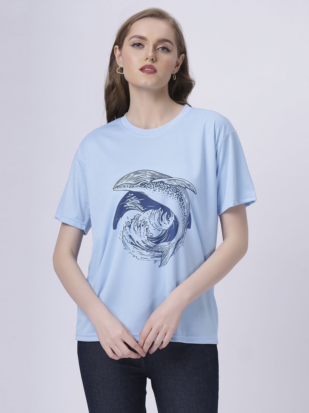 

BABA YAGA Women Sports Printed Drop-Shoulder Sleeves Applique T-shirt, Blue