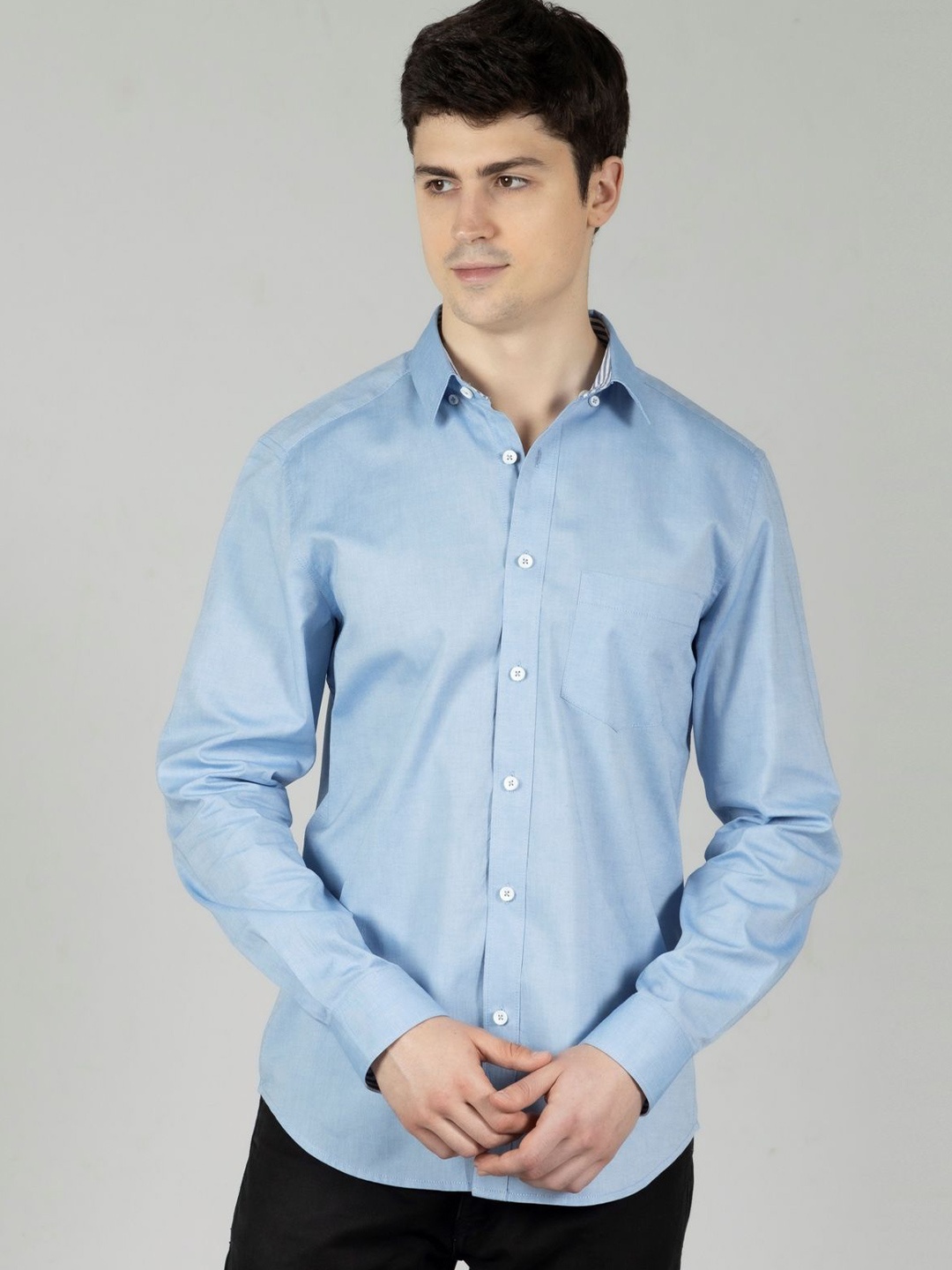 

OZMOD Men Modern Spread Collar Solid Cotton Slim Fit Casual Shirt, Blue
