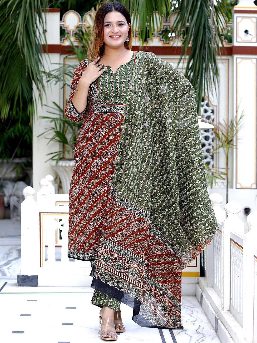 

Jevi Prints Plus Size Floral Printed Notch Neck Pure Cotton Kurta with Trousers & Dupatta, Red