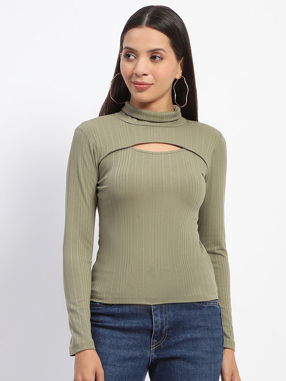 

Madame Women Solid High Neck Top, Olive