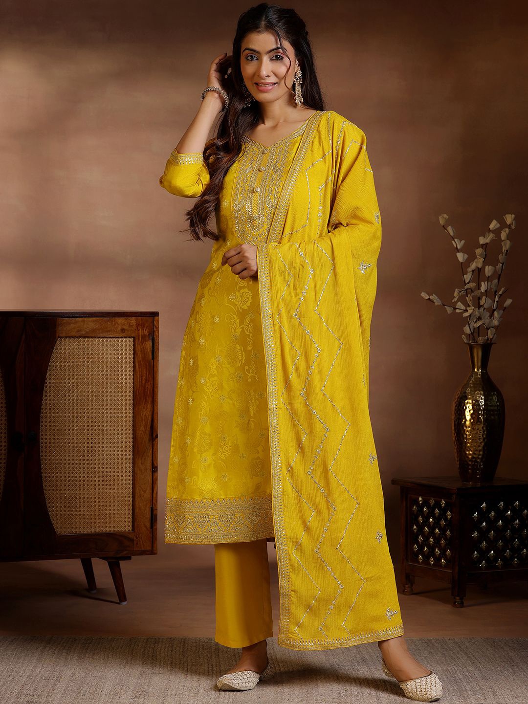 

Libas Floral Kurta with Trousers & Dupatta, Mustard