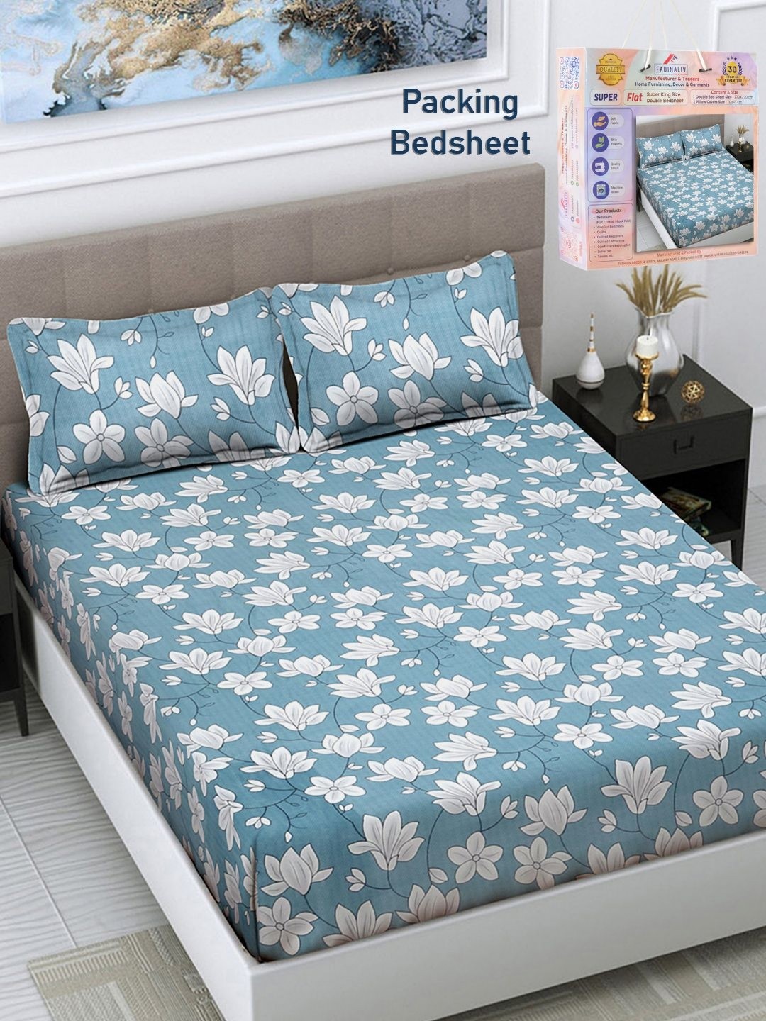 

FABINALIV Blue & White Floral 300 TC Double King Bedsheet With 2 Pillow Covers