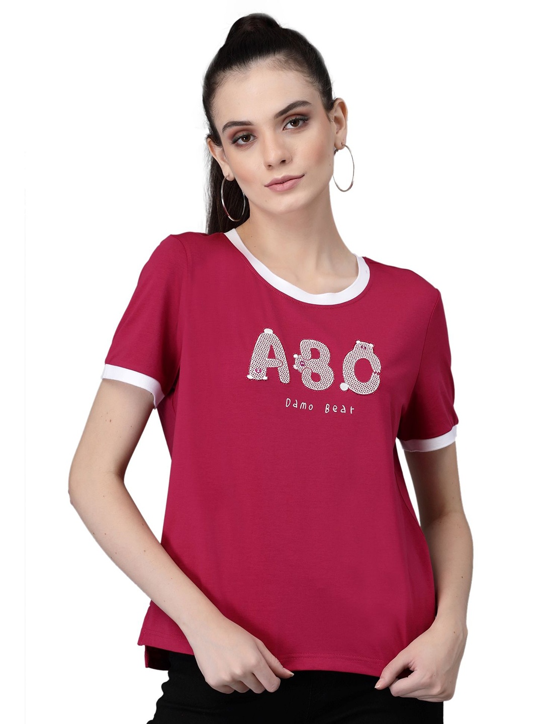

Global Republic Women Typography Printed Round Neck Cotton Top, Pink