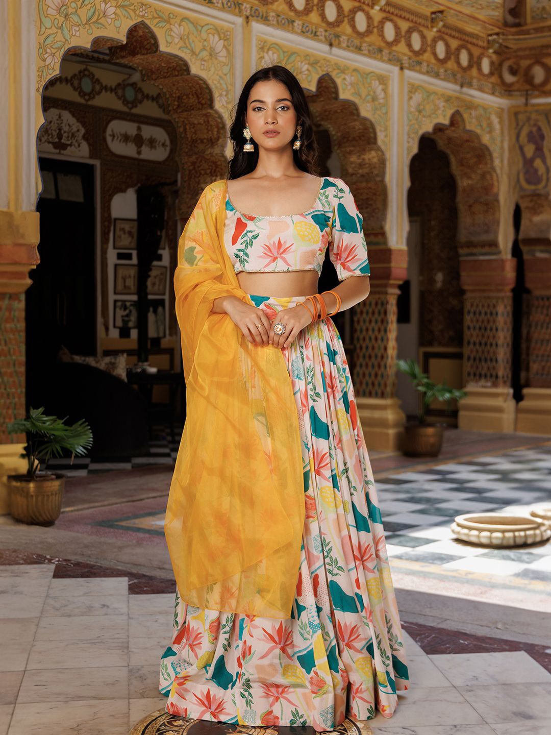 

Ragavi Floral Printed Ready to Wear Lehenga & Blouse With Dupatta, White
