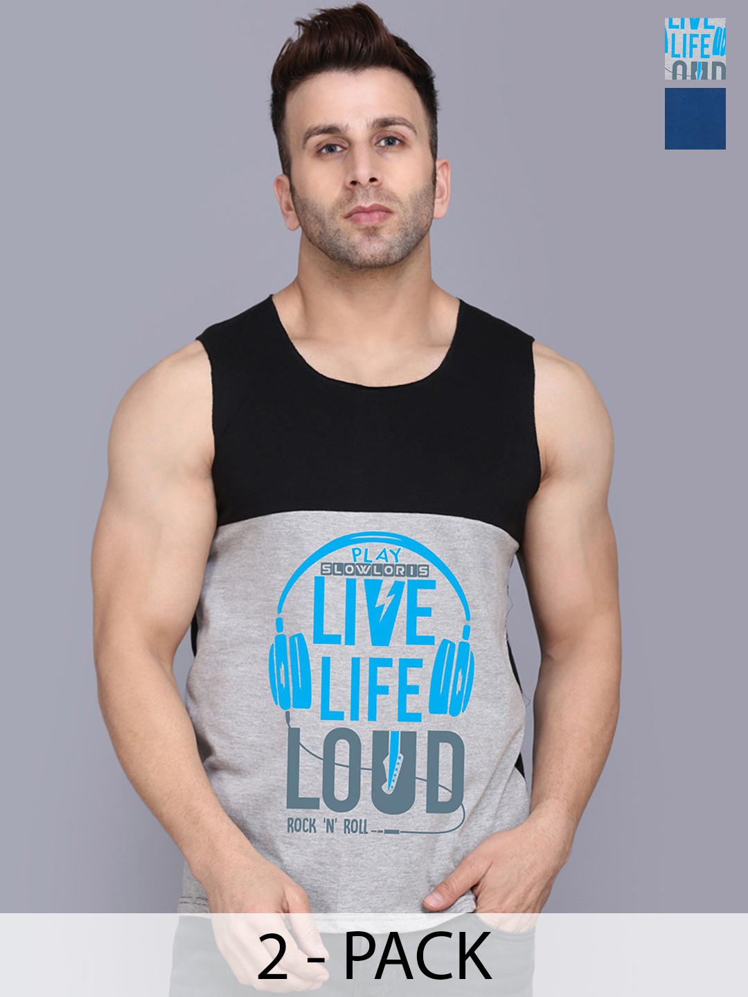 

SLOWLORIS Pack Of 2 Men Printed Innerwear Gym Vests, Black