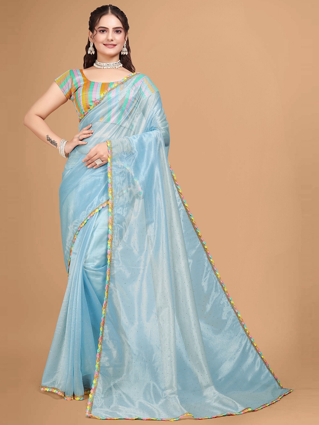 

JSItaliya Embellished Sequinned Saree, Turquoise blue