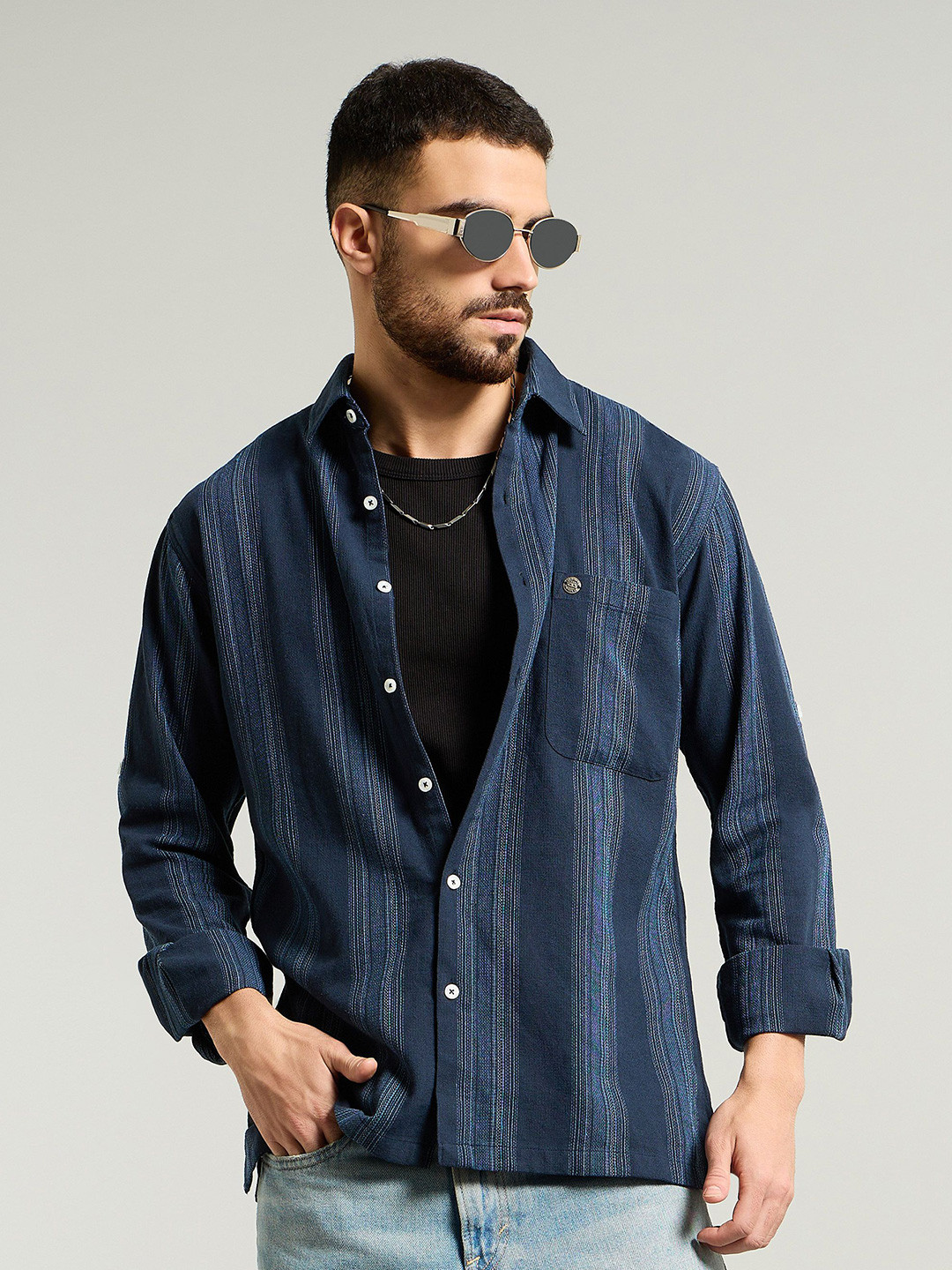 

Beyoung Men Spread Collar Striped Waffle Texture Casual Shirt, Blue