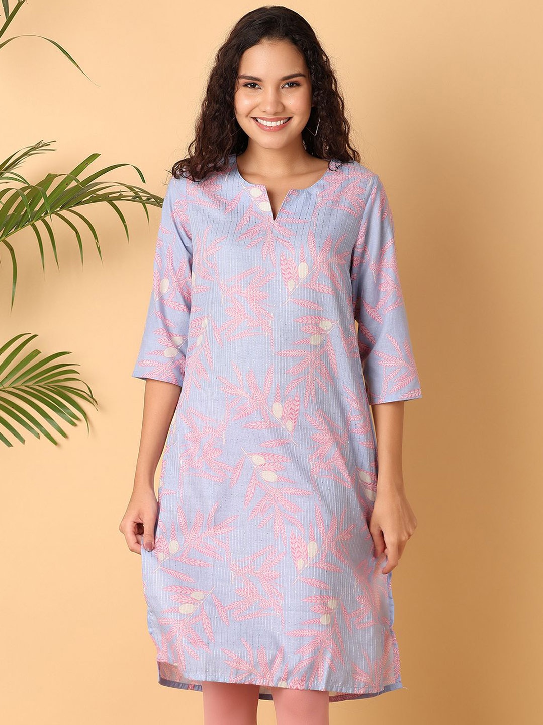 

UNLIMITED Notch Neck Floral Printed Straight Kurta, Blue