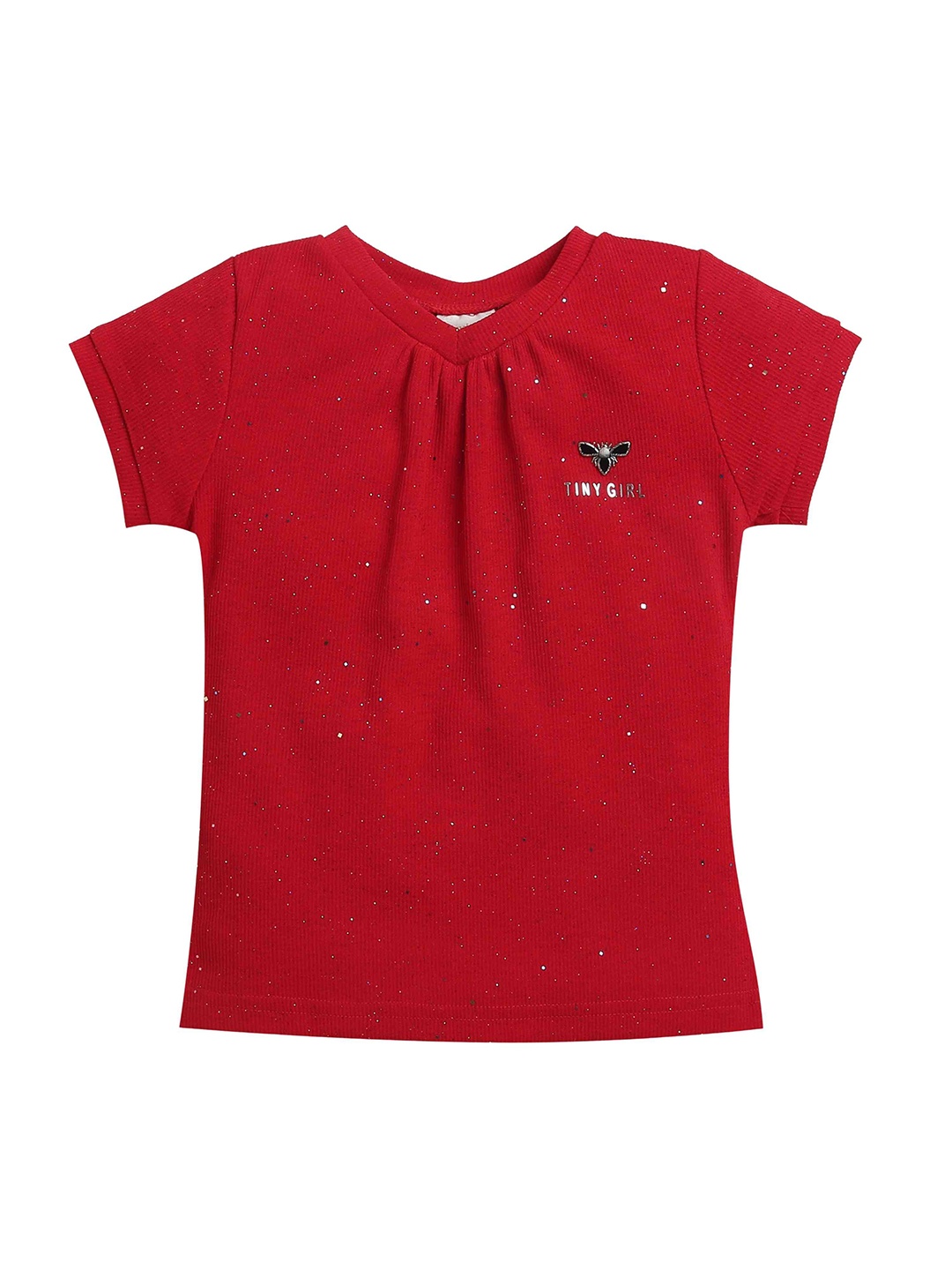 

Tiny Girl Girls Typography Printed V-Neck Cotton Top, Red