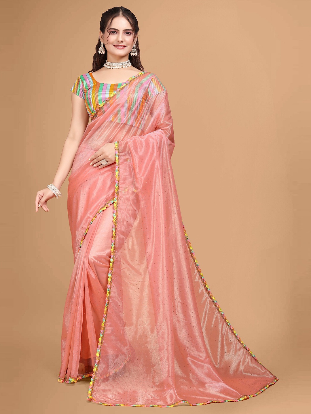 

JSItaliya Embellished Net Saree, Peach