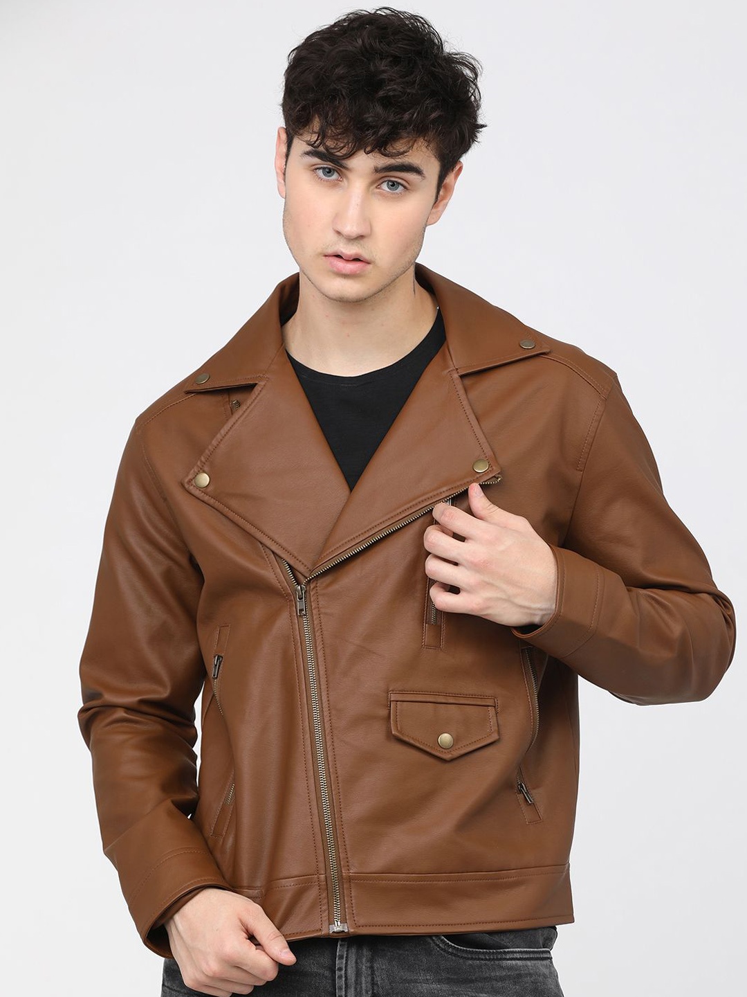 

HIGHLANDER Men Leather Biker Jacket, Brown