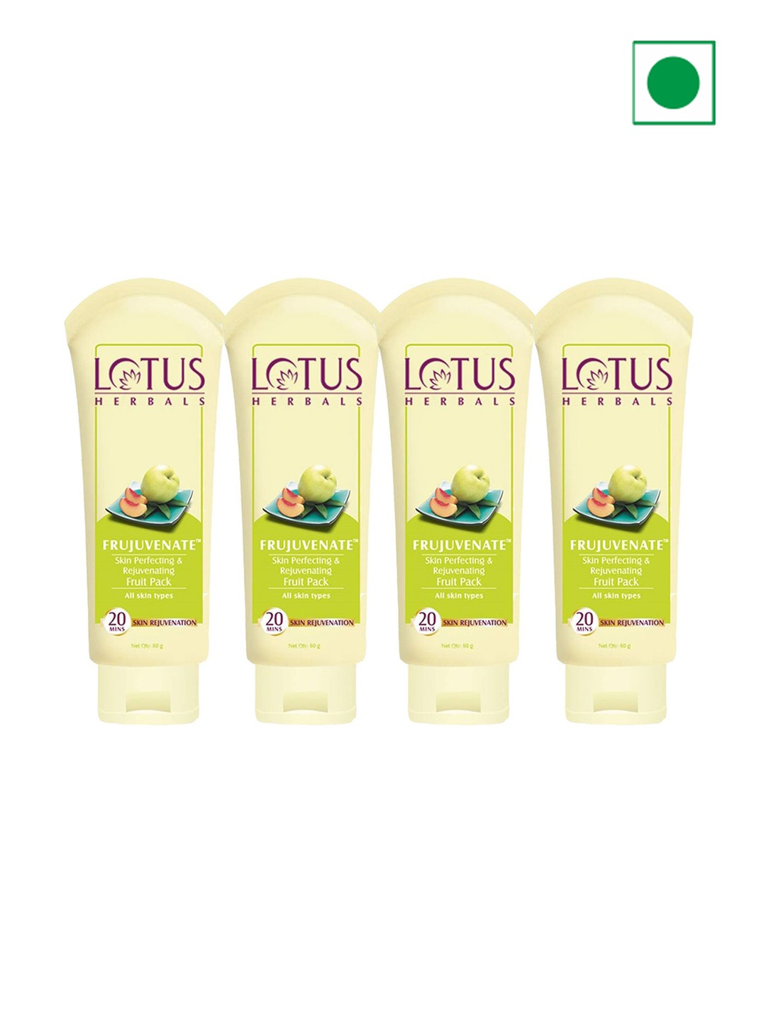 

Lotus Herbals Set Of 4 Frujuvenate Skin Perfecting & Rejuvenating Fruit Face Pack 60g Each, Cream
