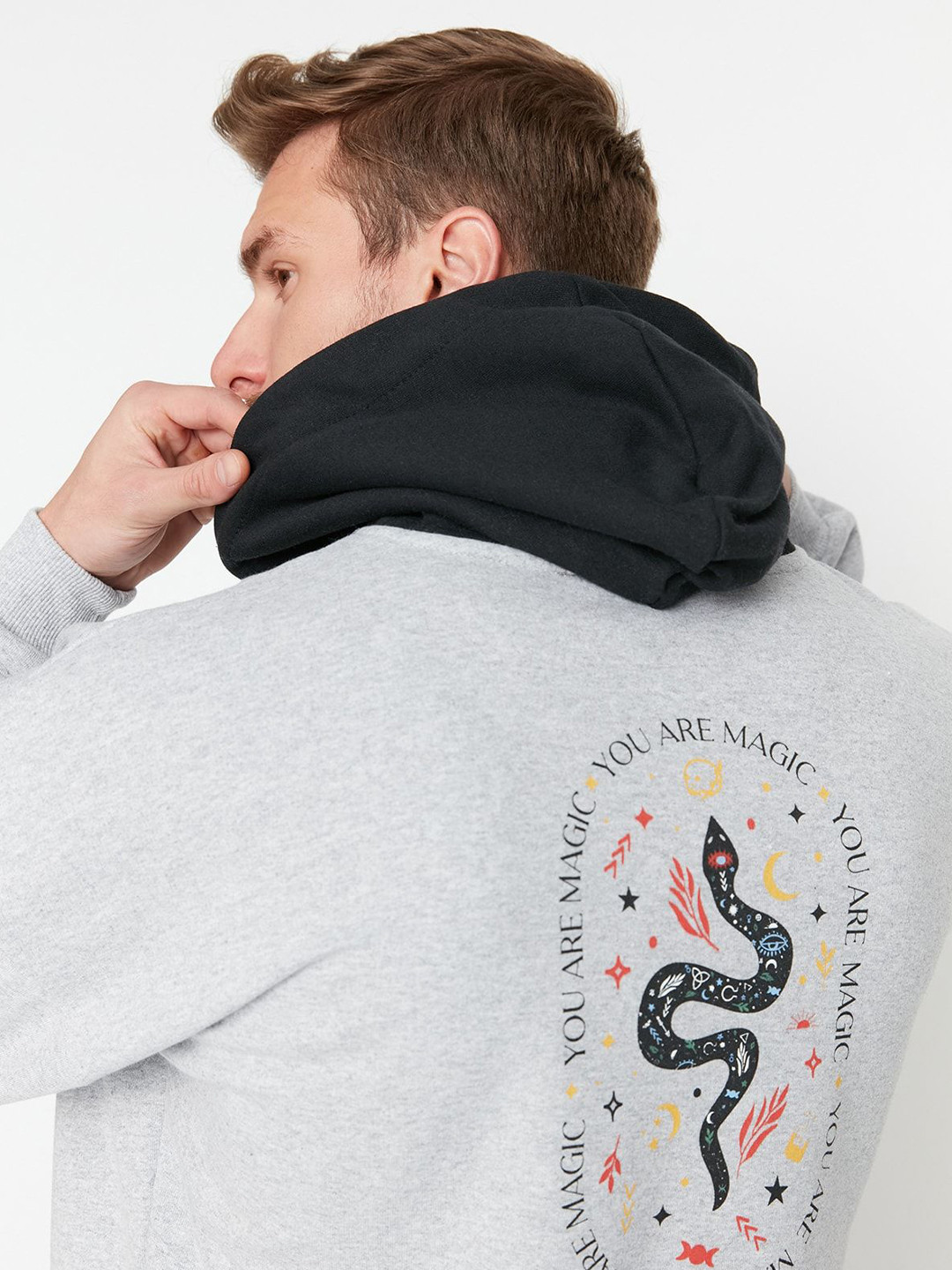 

Trendyol Men Graphic Printed Hooded Sweatshirt, Grey