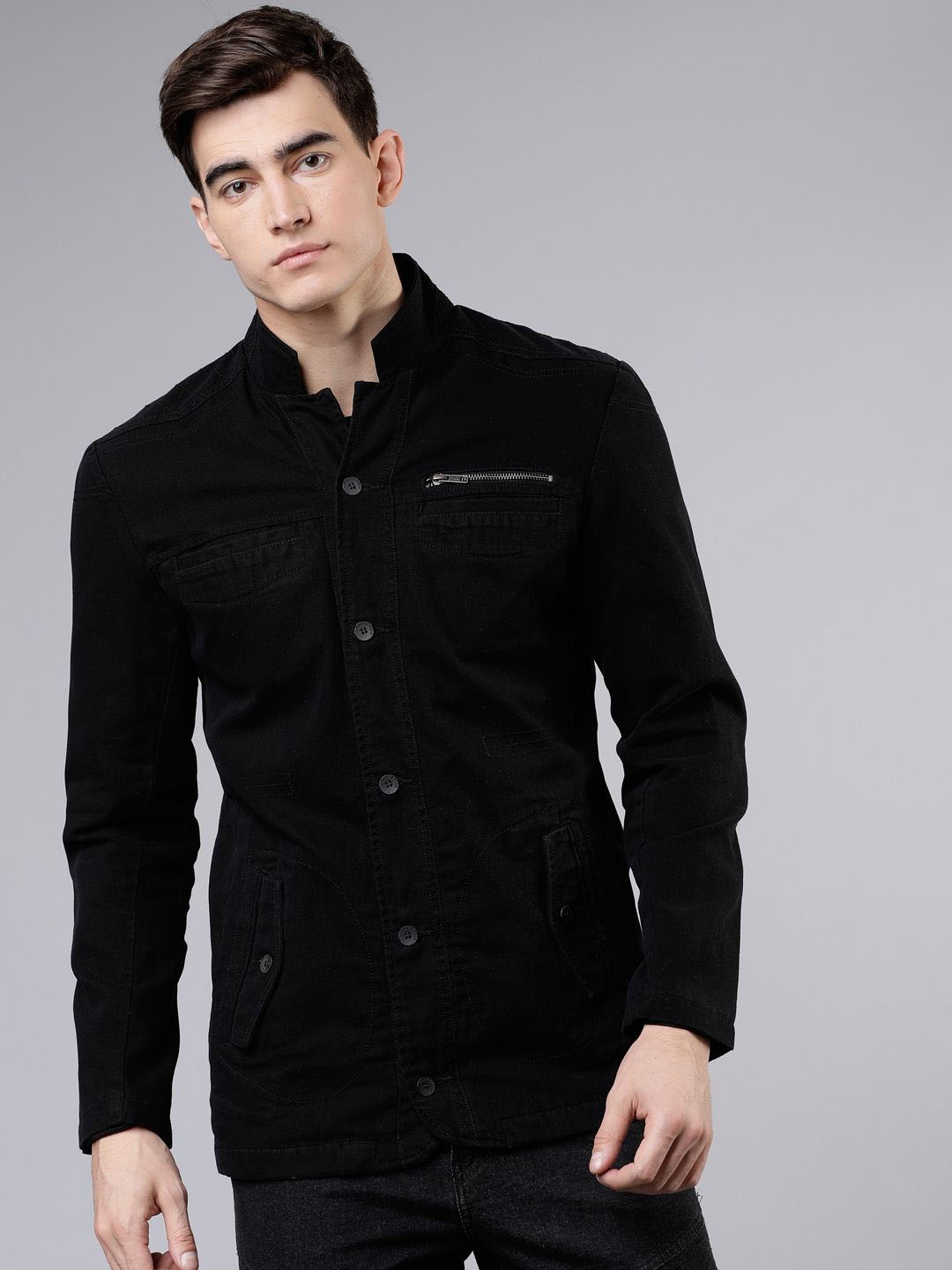 

HIGHLANDER Men Geometric Longline Denim Jacket with Embroidered, Black