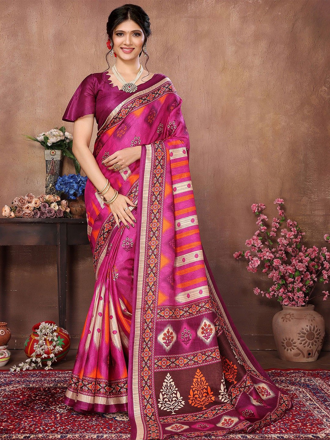 

KALINI Printed Floral Mysore Silk Saree, Pink