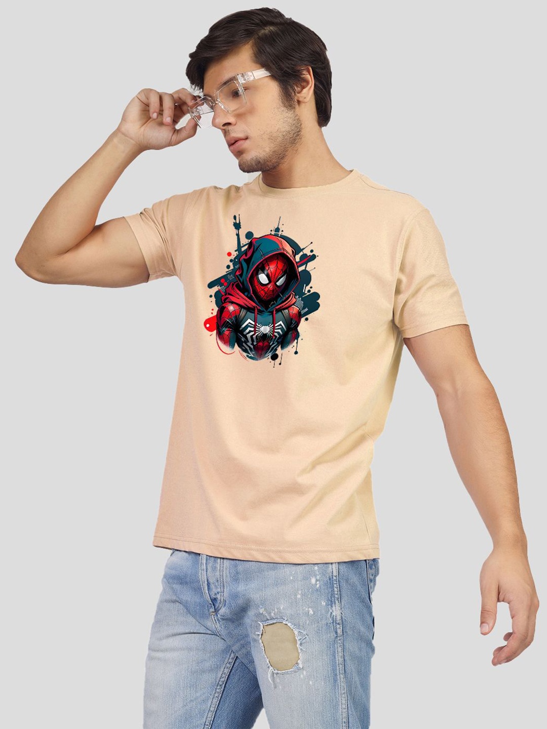 

Greylongg Men Graphic Printed Round Neck Cotton T-Shirt, Beige