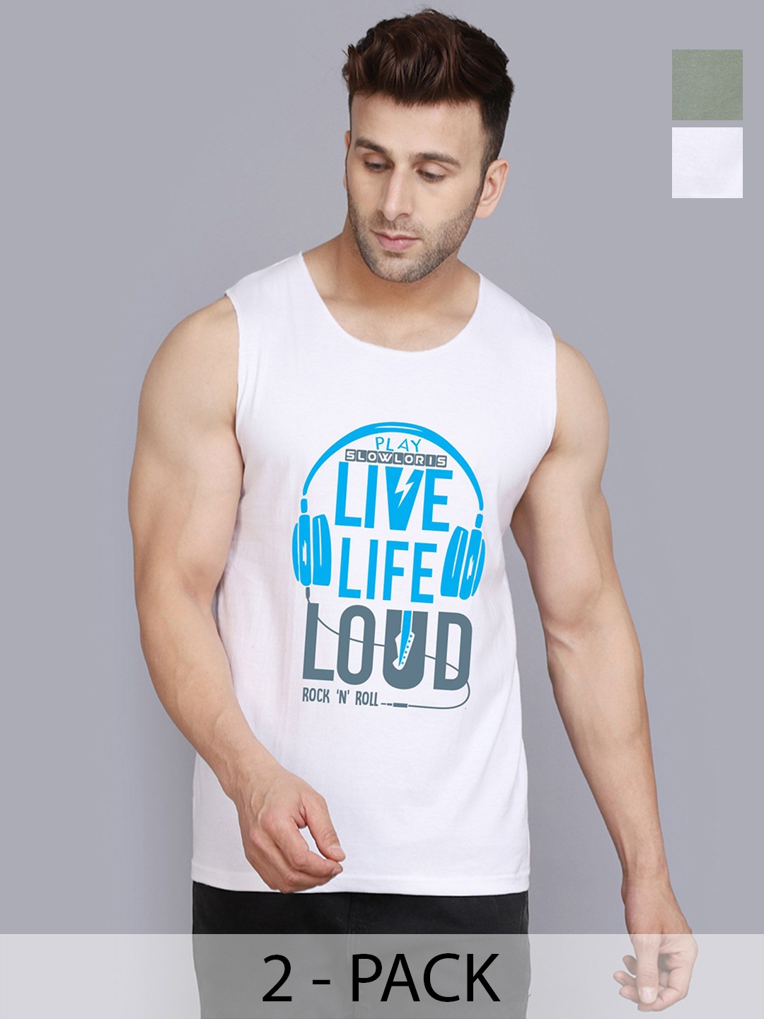 

SLOWLORIS Men Pack Of 2 Typography Printed Round Neck Cotton Slim Fit T-Shirts, White