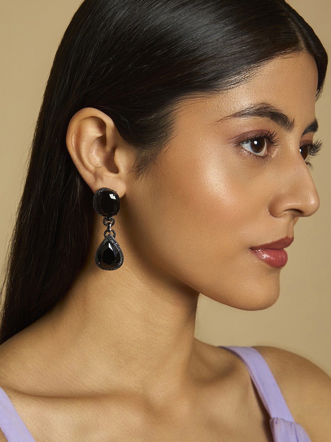 

Kushal's Fashion Jewellery Rhodium-Plated Cubic Zirconia-Studded Drop Earrings, Black