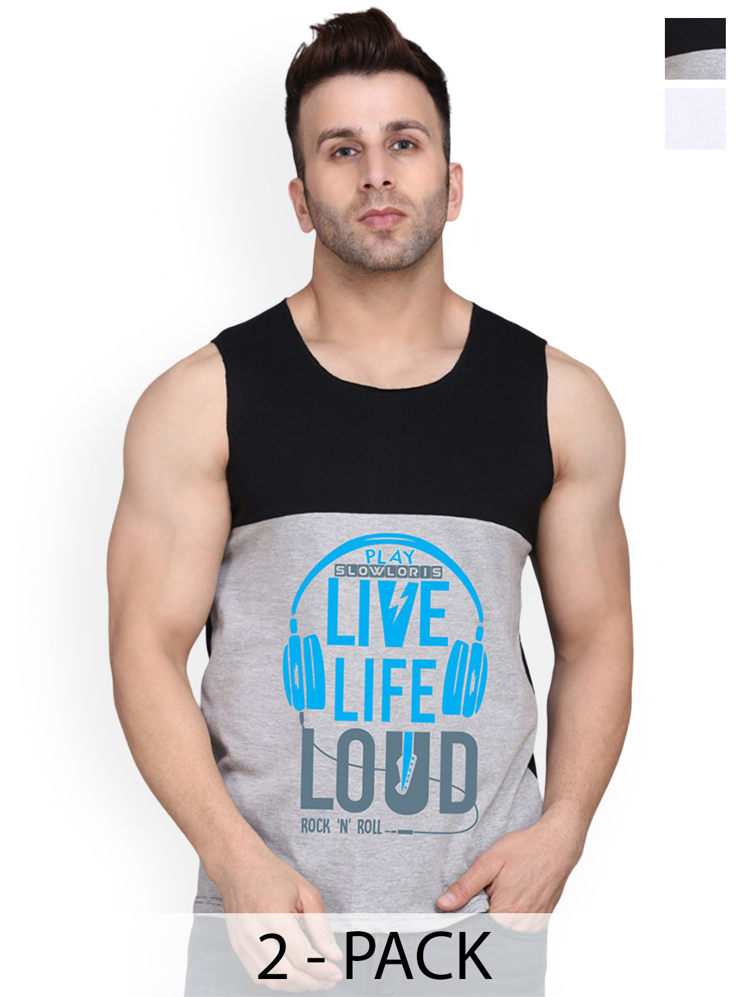 

SLOWLORIS ack Of 2 Printed Gym Innerwear Vests, Black
