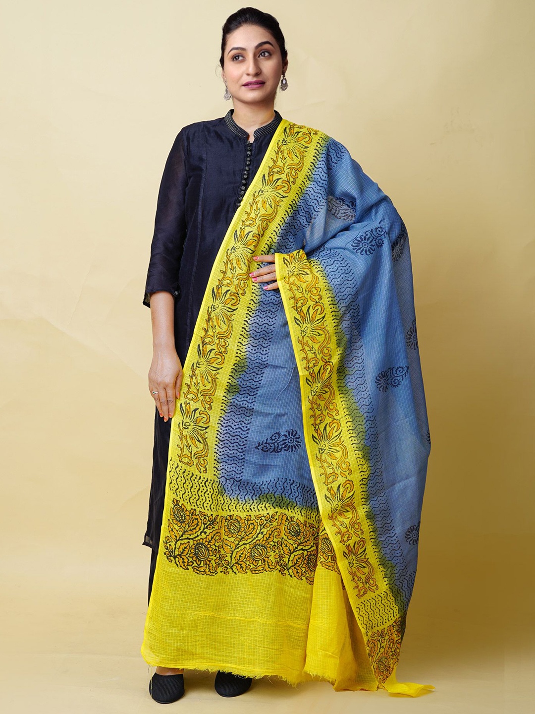 

Unnati Silks Ethnic Motifs Block Printed Cotton Silk Dupatta, Yellow