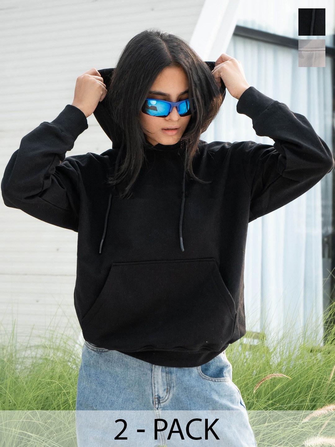 

COLOR CAPITAL Pack Of 2 Women Solid Oversized Sweatshirt, Black