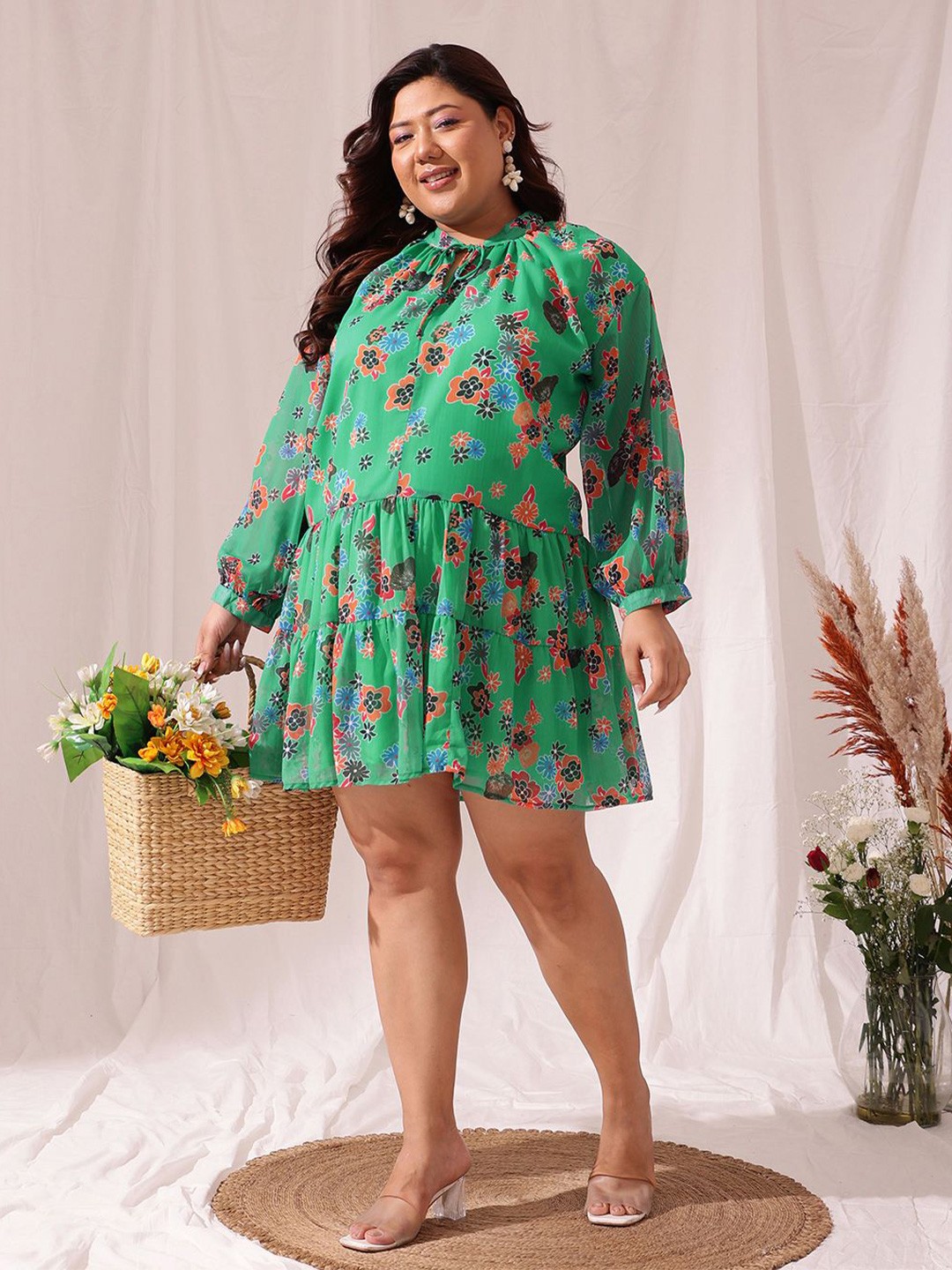 

CURVY STREET Plus Size Floral Printed Puff Sleeve A-Line Dress, Green