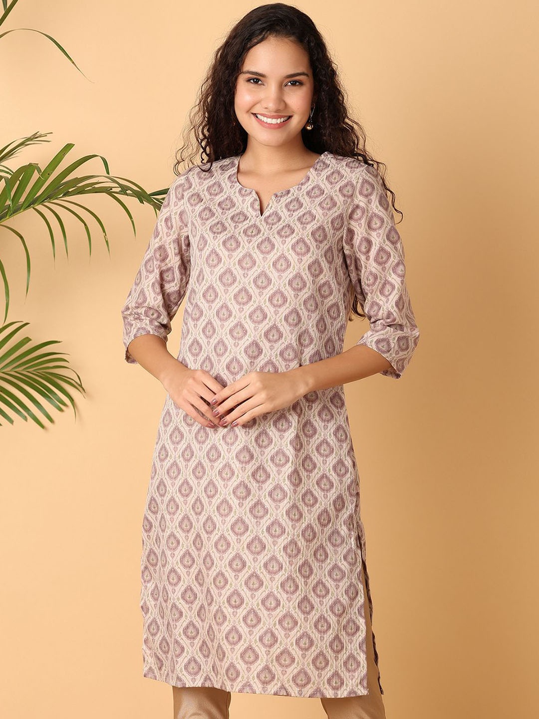 

UNLIMITED Ethnic Motifs Printed Thread Work Straight Cotton Kurta, Purple