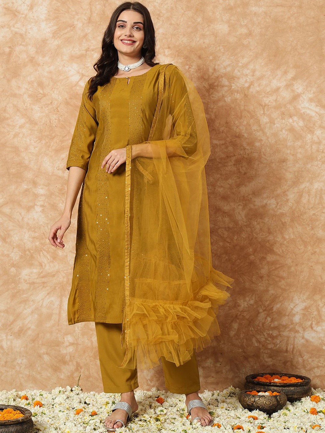 

YOYO Fashion Striped Embroidered Sequinned Keyhole Neck Kurta with Trousers & Dupatta, Mustard