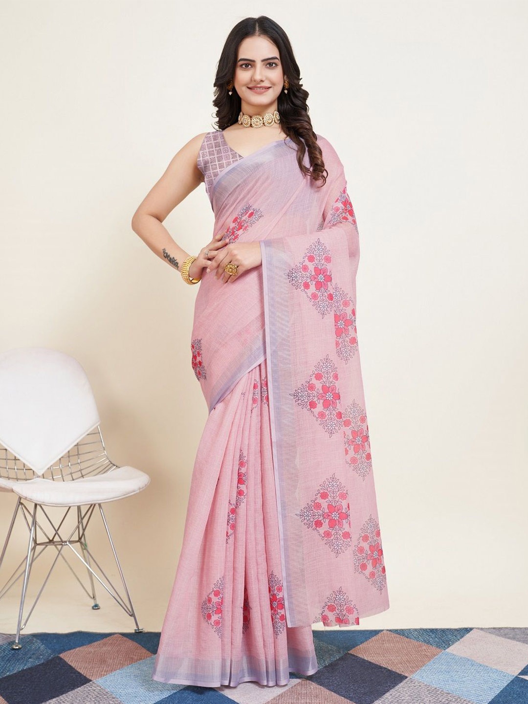 

SHOBHA SAREES Floral Zari Printed Saree, Pink