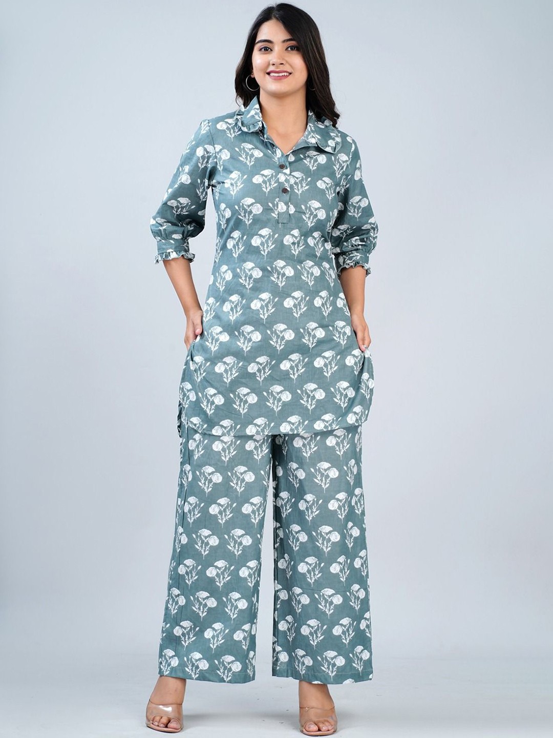 

KALINI Printed Shirt Collar Pure Cotton Top & Trouser, Grey