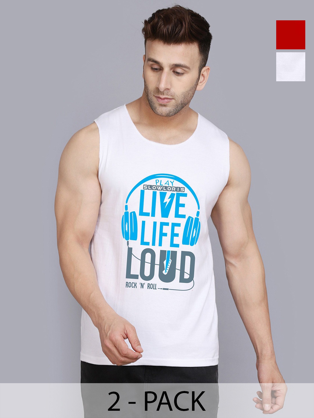 

SLOWLORIS Men Pack Of 2 Typography Printed Round Neck Cotton Slim Fit T-Shirts, White