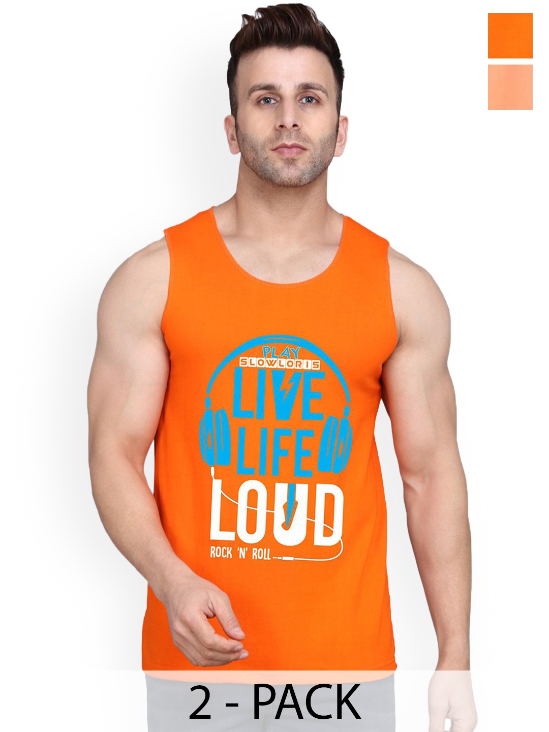 

SLOWLORIS Pack Of 2 Men Printed Innerwear Gym Vests, Orange