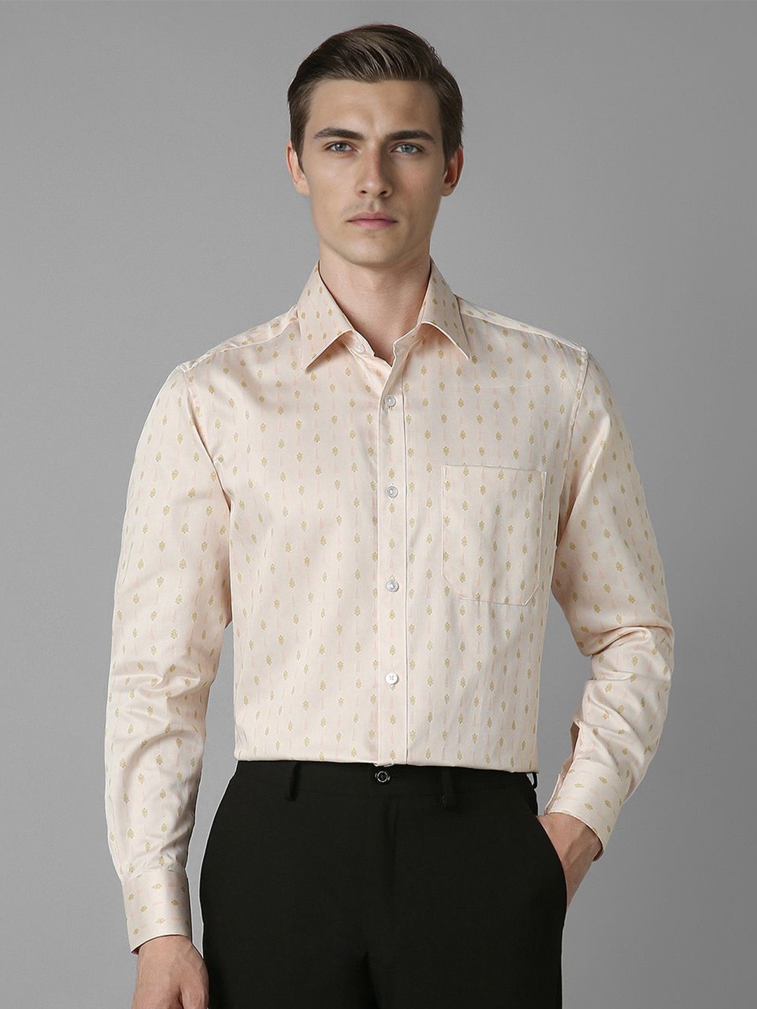 

Louis Philippe Men Classic Spread Collar Printed Cotton Formal Shirt, Beige