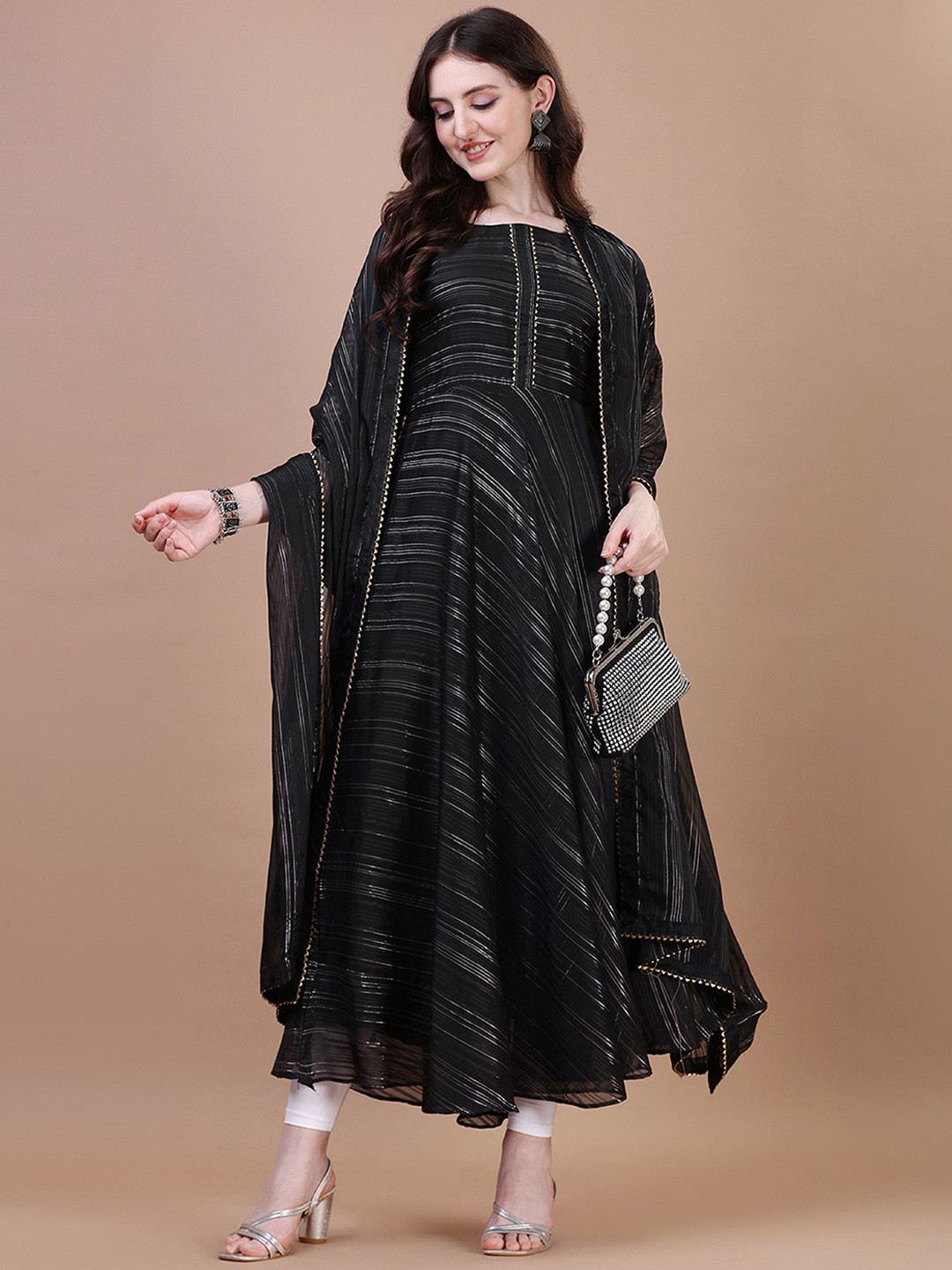 

PMD Fashion Striped Regular Gotta Patti Silk Georgette Anarkali Kurta With Dupatta, Black