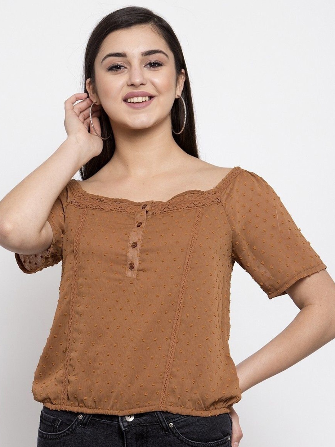 

Global Republic Women Self Design Square Neck Top, Brown