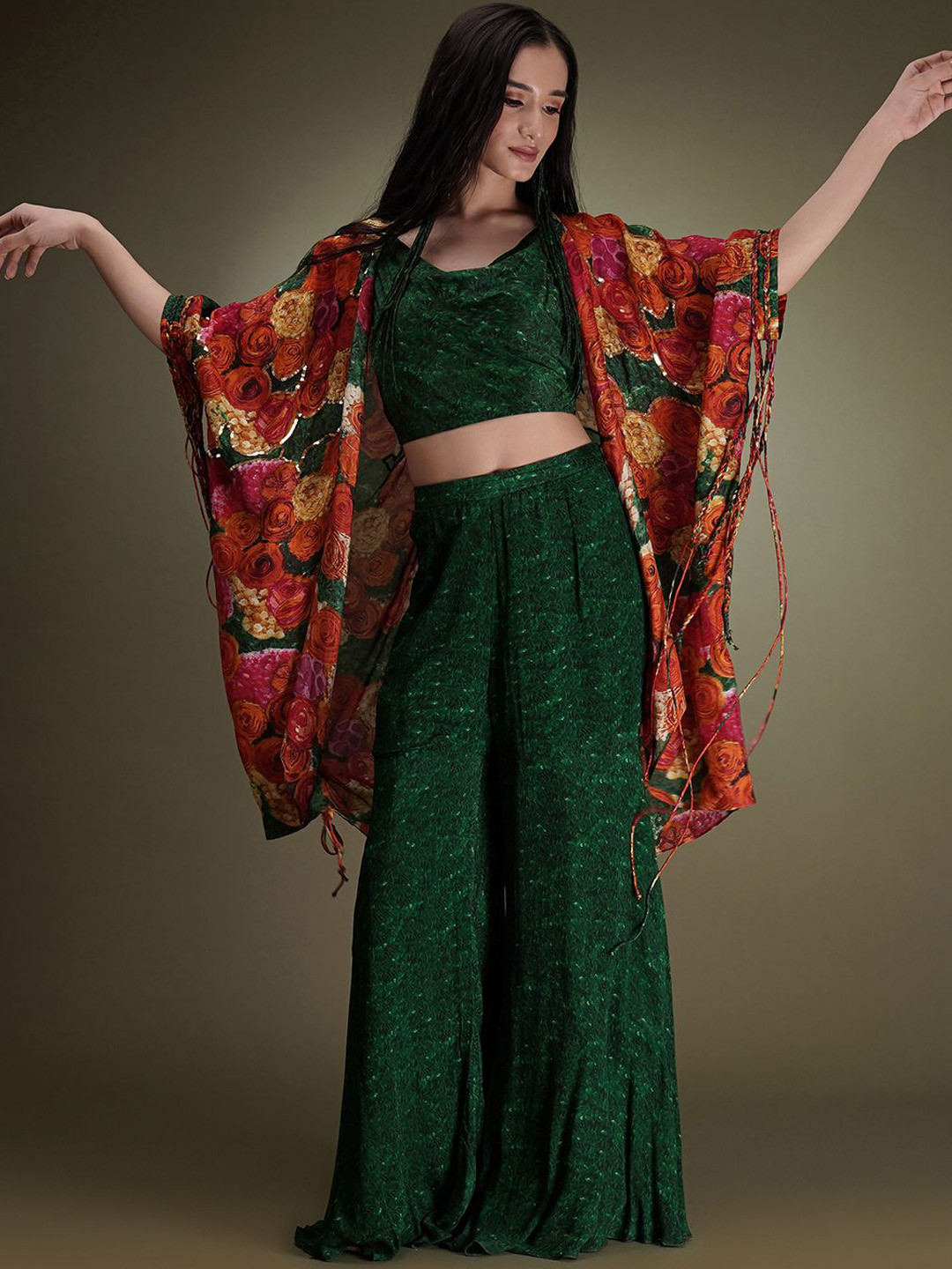 

Breathe by Aakanksha Singh Self-Design Crop Top With Sharara & Shrug, Green