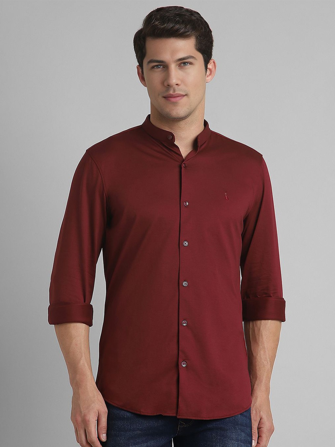 

SIMON CARTER LONDON Men Band Collar Solid Cotton Slim Fit Casual Shirt, Maroon