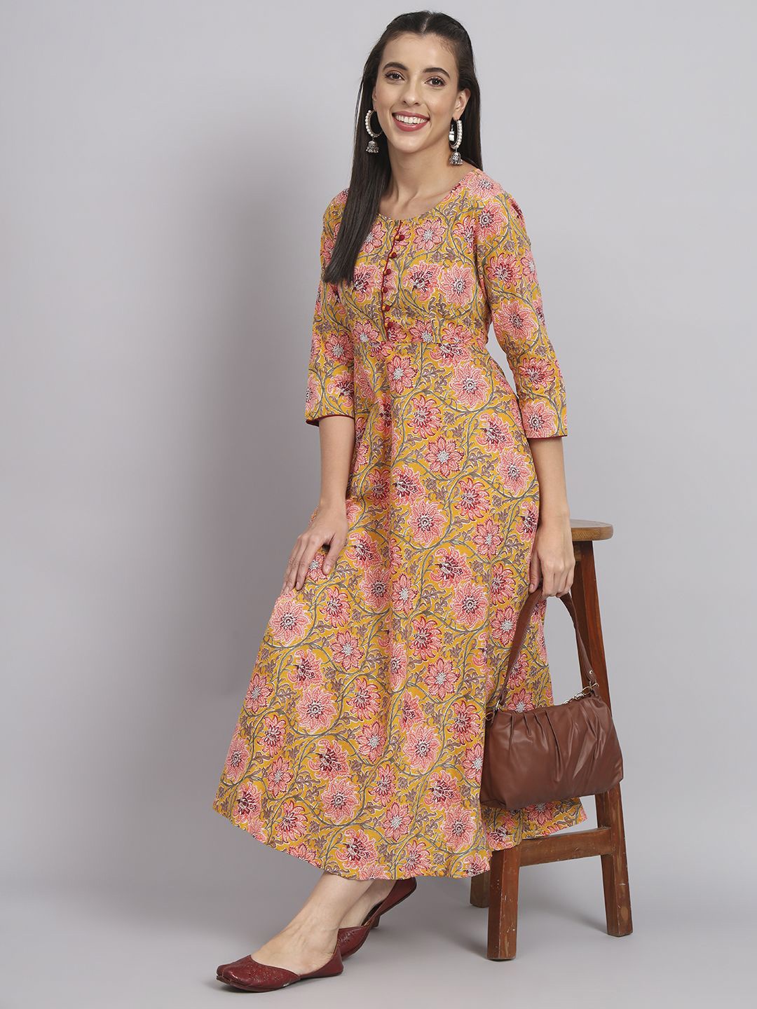 

Anouk Floral Printed Cotton A-Line Midi Ethnic Dresses, Yellow