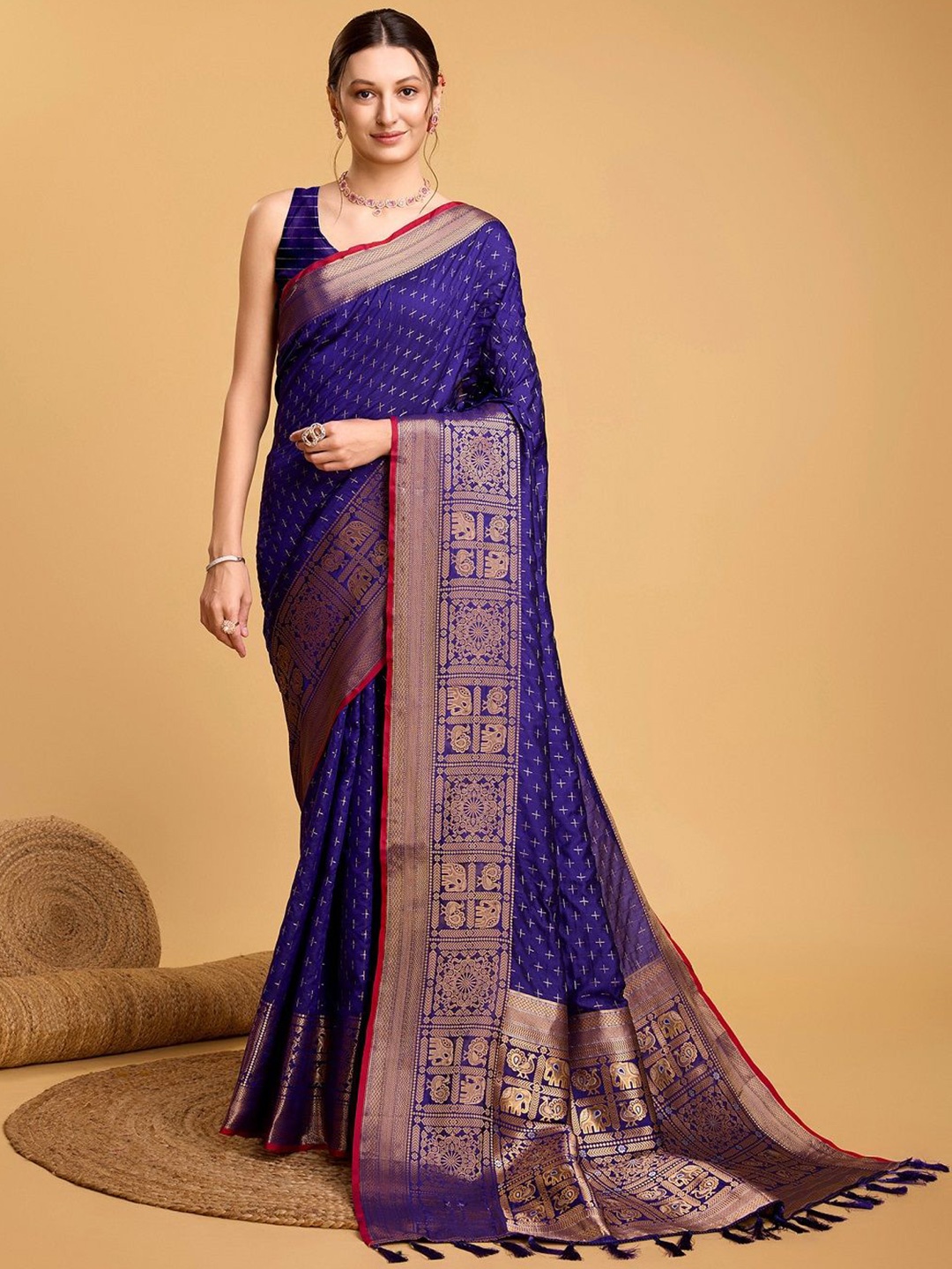 

LEOSAGI Embellished Zari Pure Silk Kanjeevaram Saree, Blue