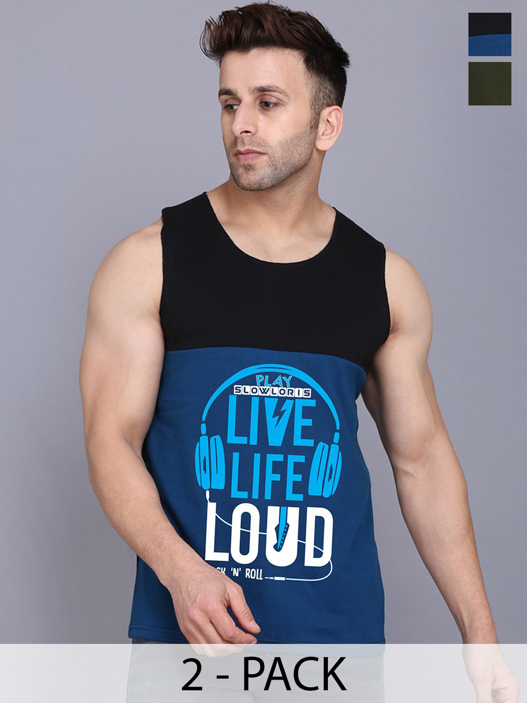 

SLOWLORIS Pack Of 2 Printed Cotton Gym Vests, Black