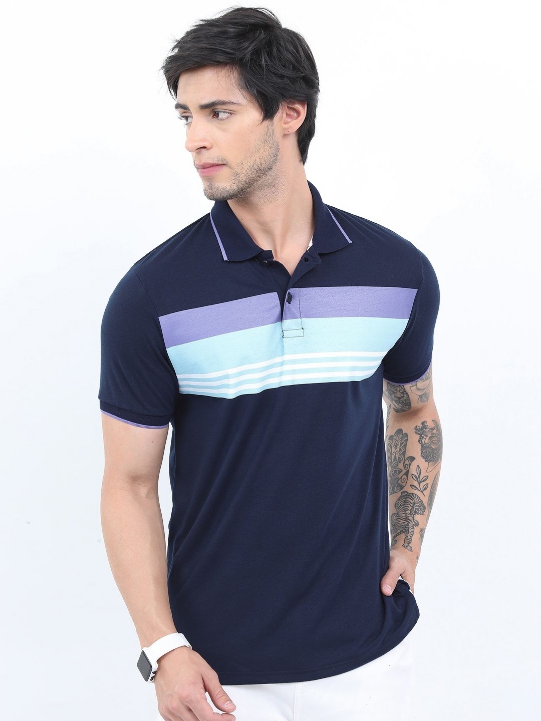 

HIGHLANDER Men Striped Applique T-shirt, Multi