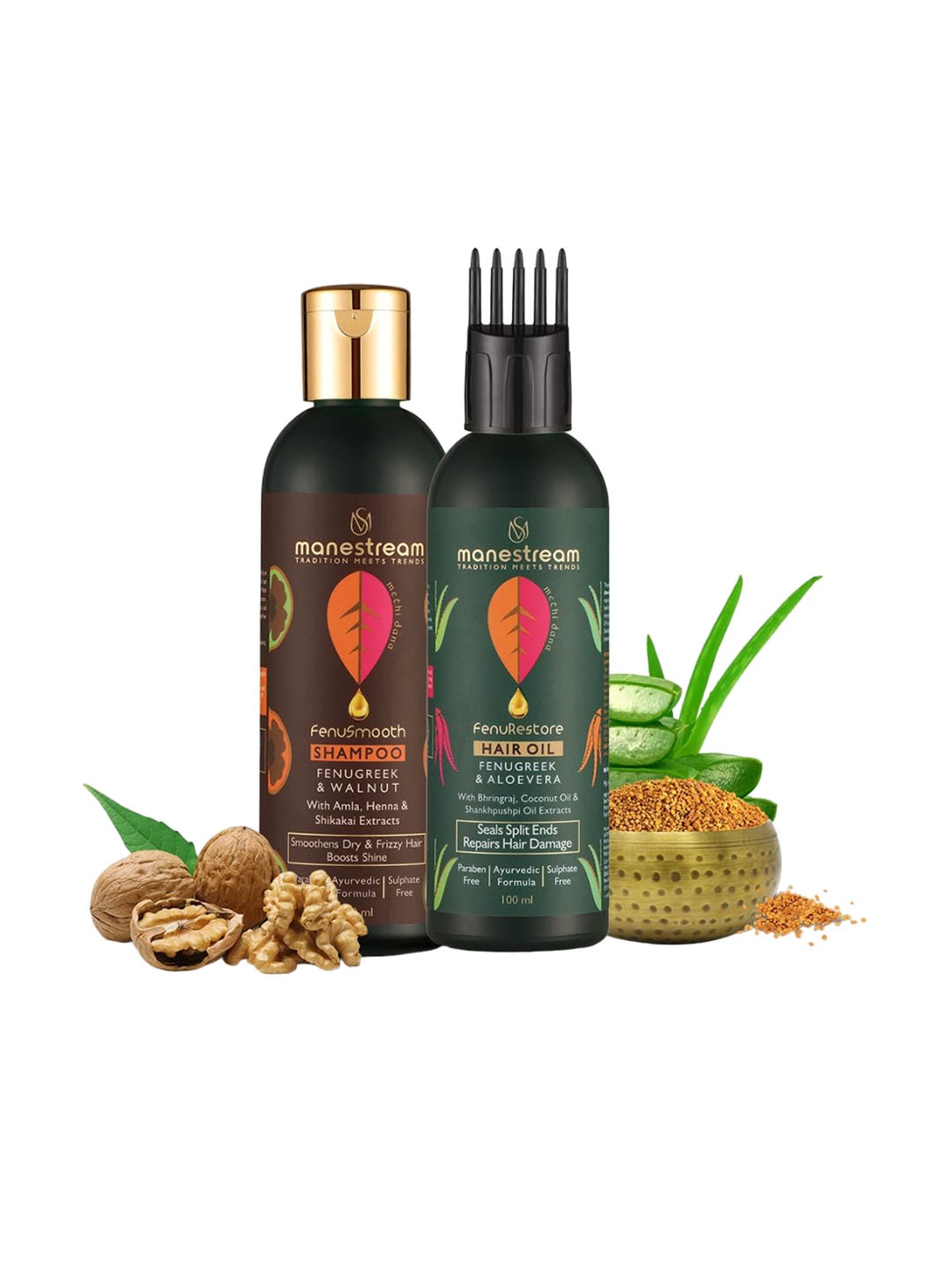 

Manestream Set Of 2 Fenurestore Ayurvedic Hair Oil & Fenusmooth Shampoo - 100Ml Each, Green