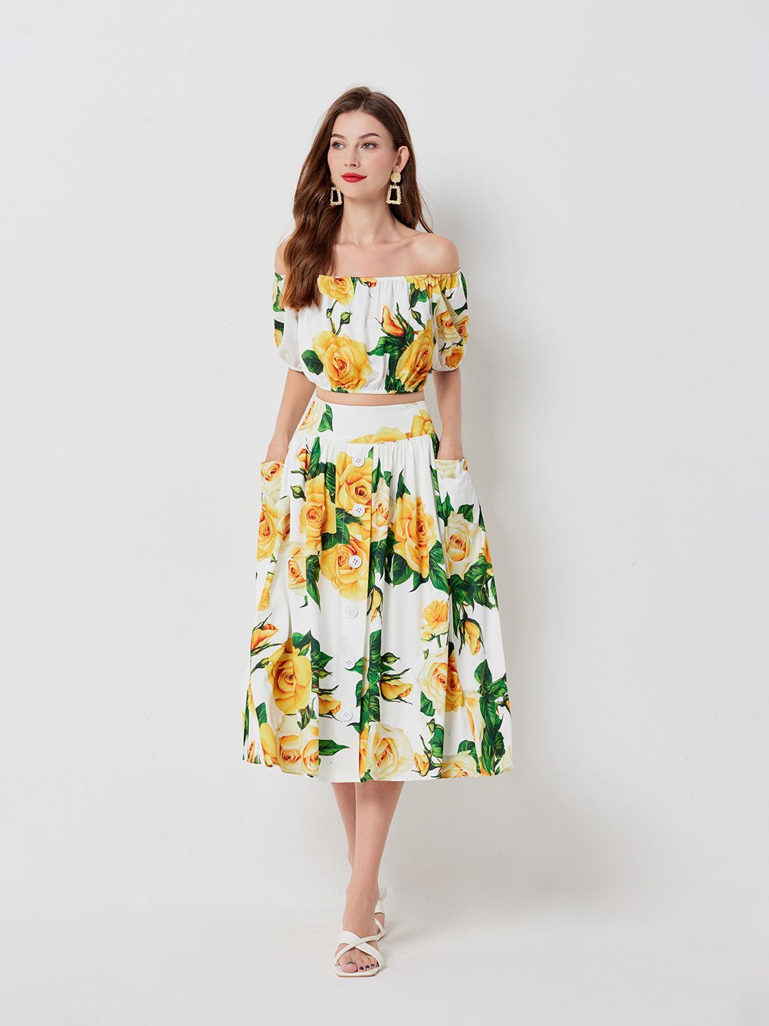 

JC Collection Floral Printed Off-Shoulder Casual Crop Top With Skirt, Yellow