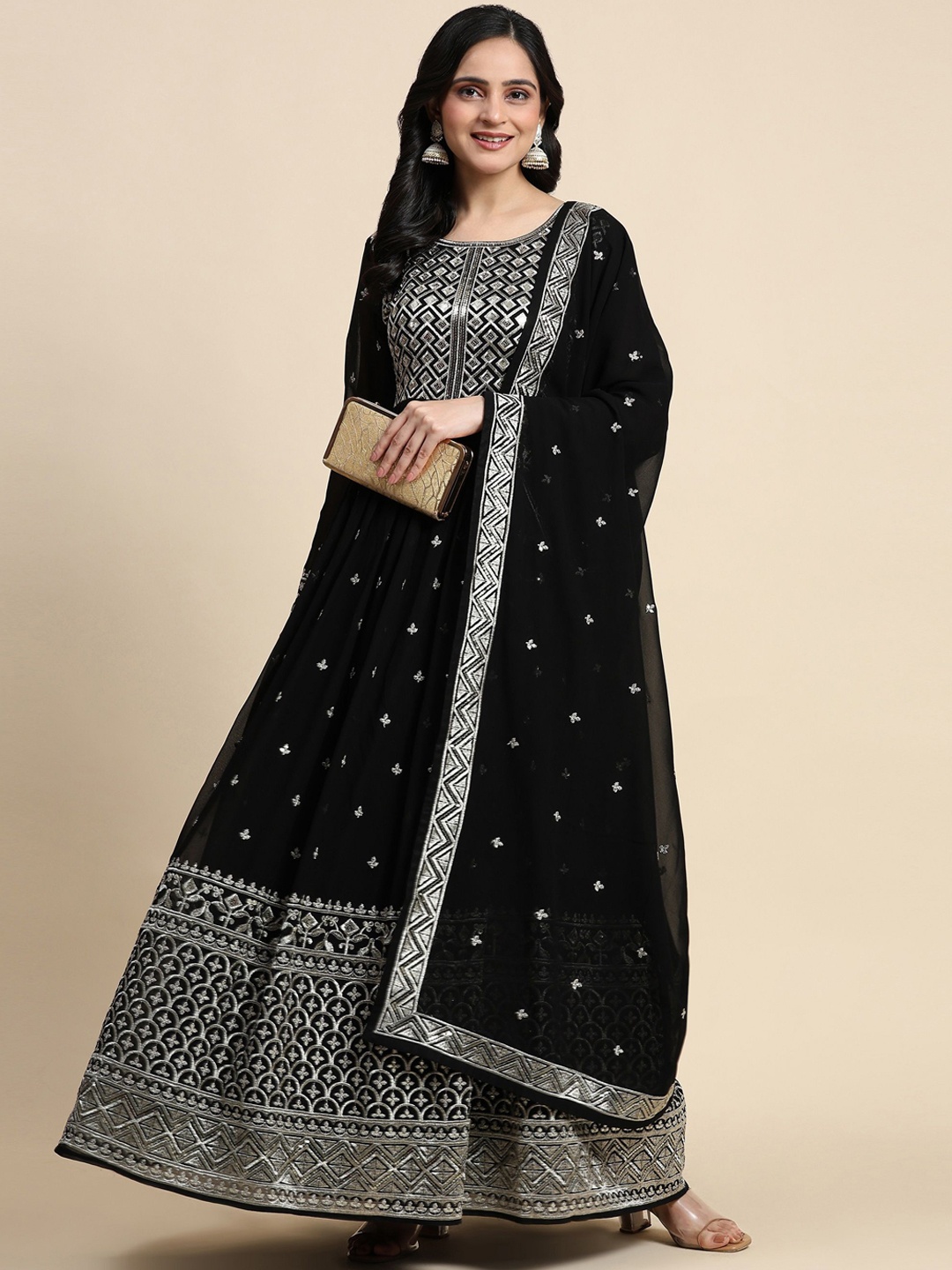 

Trendmalls Floral Embroidered Sequinned Anarkali Kurta With Trousers & Dupatta, Black