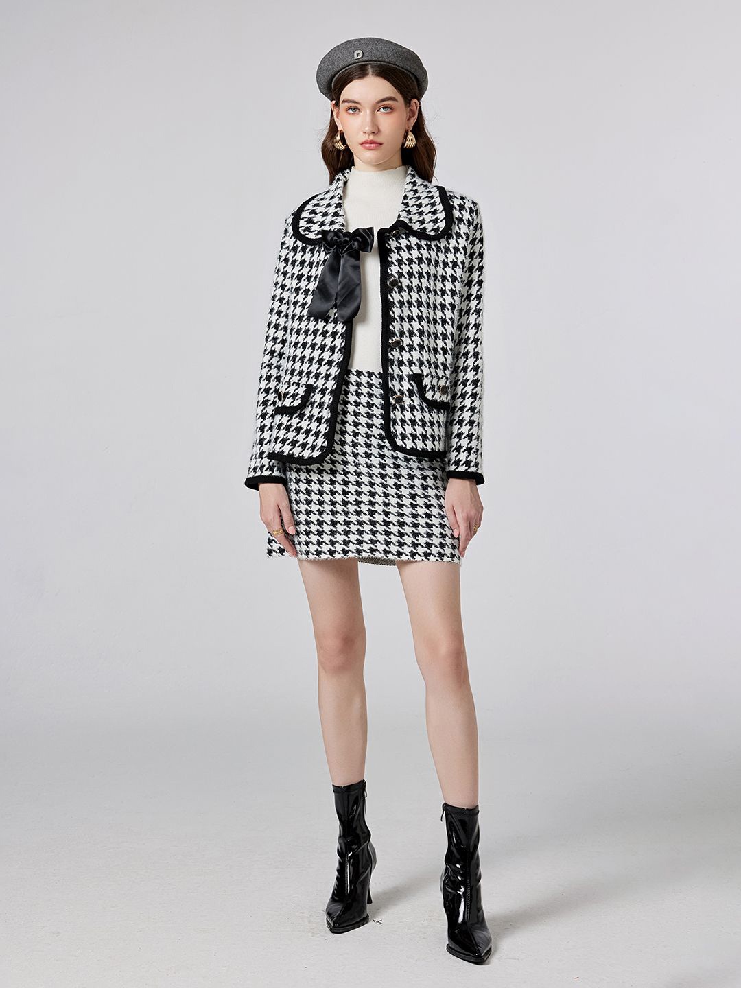 

JC Collection Printed Shirt Collar Casual Coat With Skirt, Black