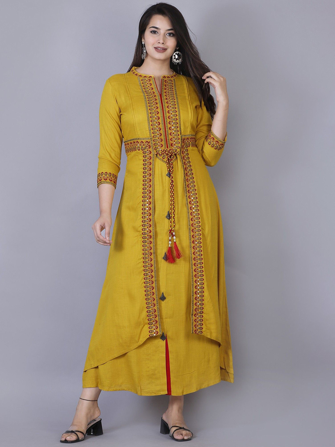 

NYPA Floral Embroidered Mandarin Collar Mirror Work A-Line Kurta, Yellow