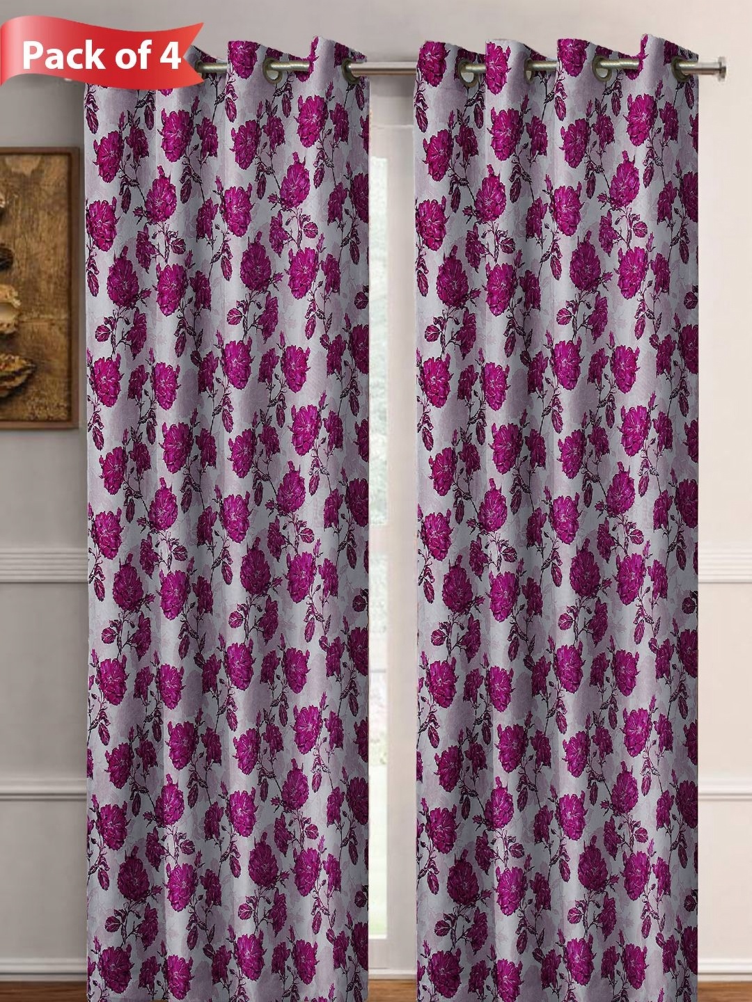 

Aura Pink & Grey Set of 4 Floral Room Darkening Long Door Curtain