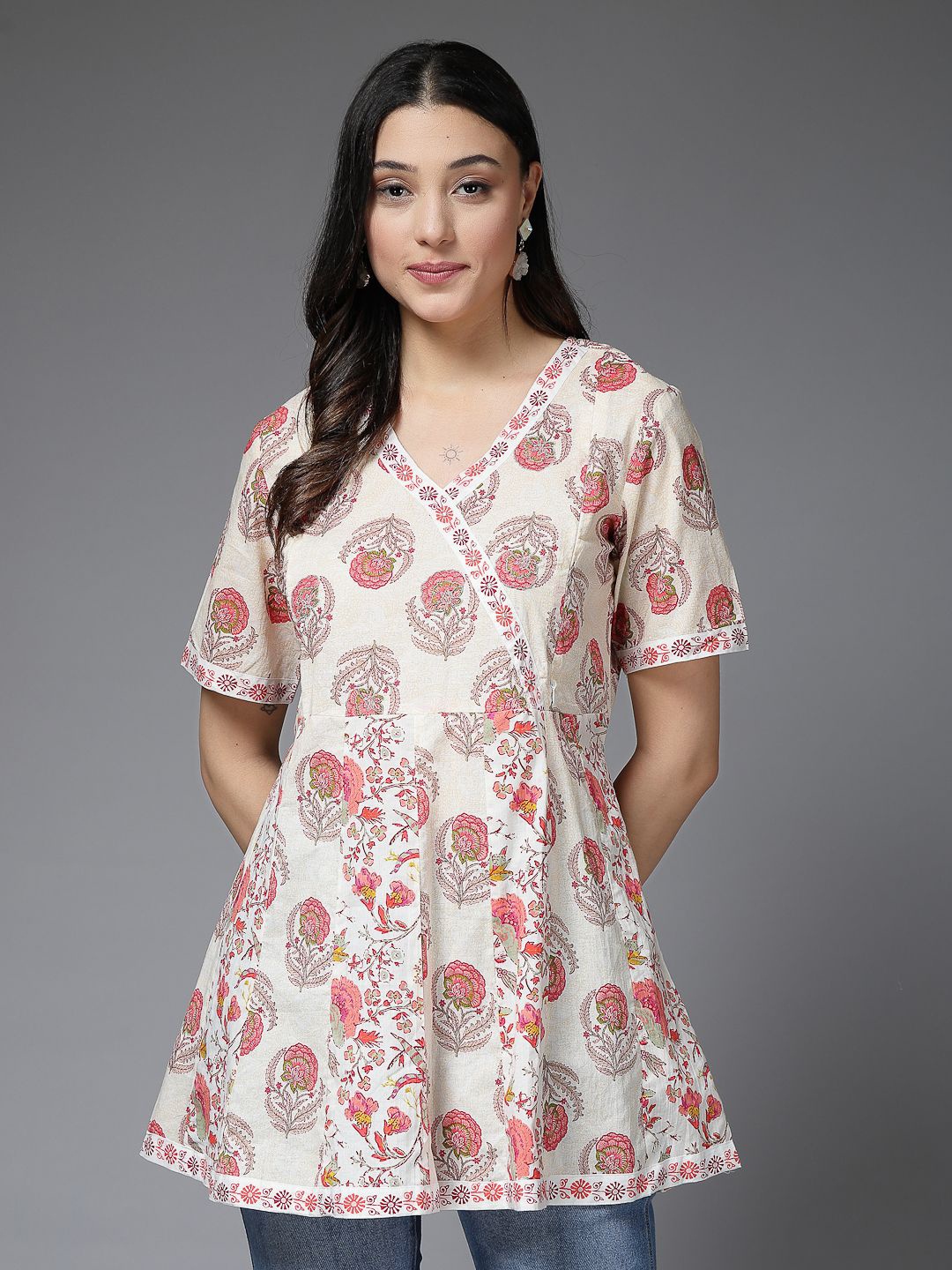 

House Of Zelena Women Floral Printed V-Neck Cotton Maternity Top, Off white