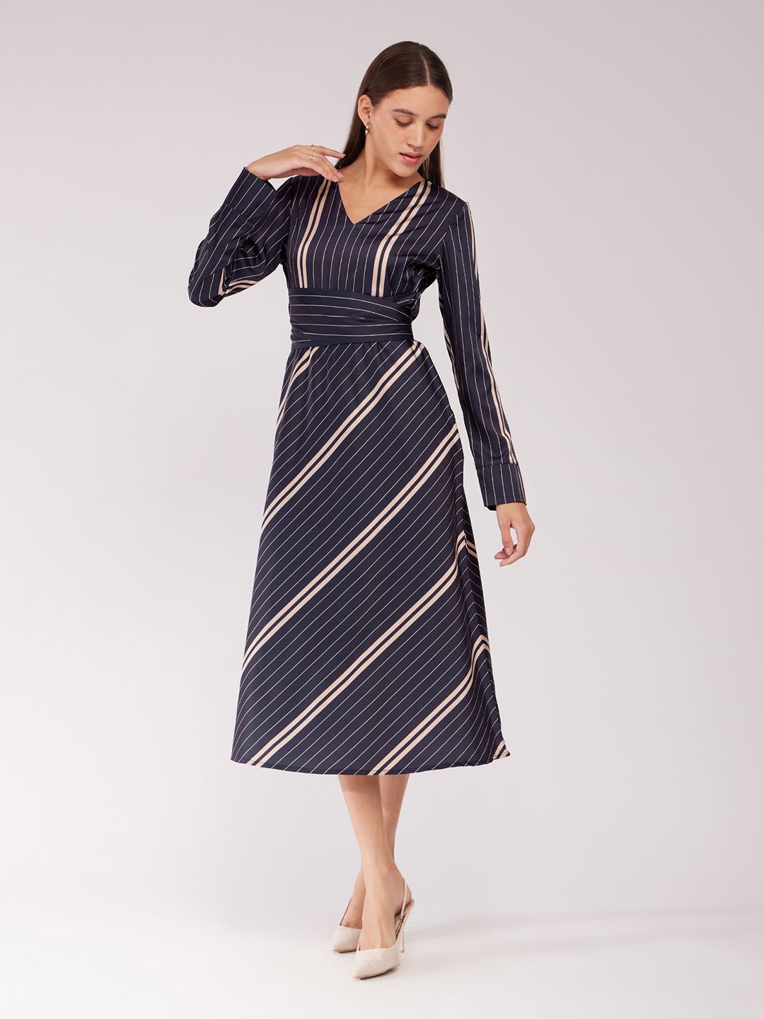 

FableStreet Striped Satin Fit and Flare Midi Dress, Navy blue